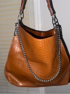 Women's Croc-Textured Hobo Bag in Cognac Brown